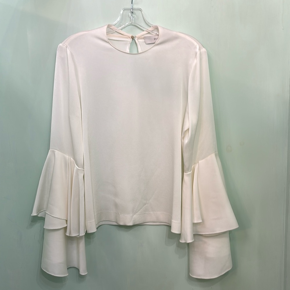 Galvan London tiered bell sleeve cream satin blouse